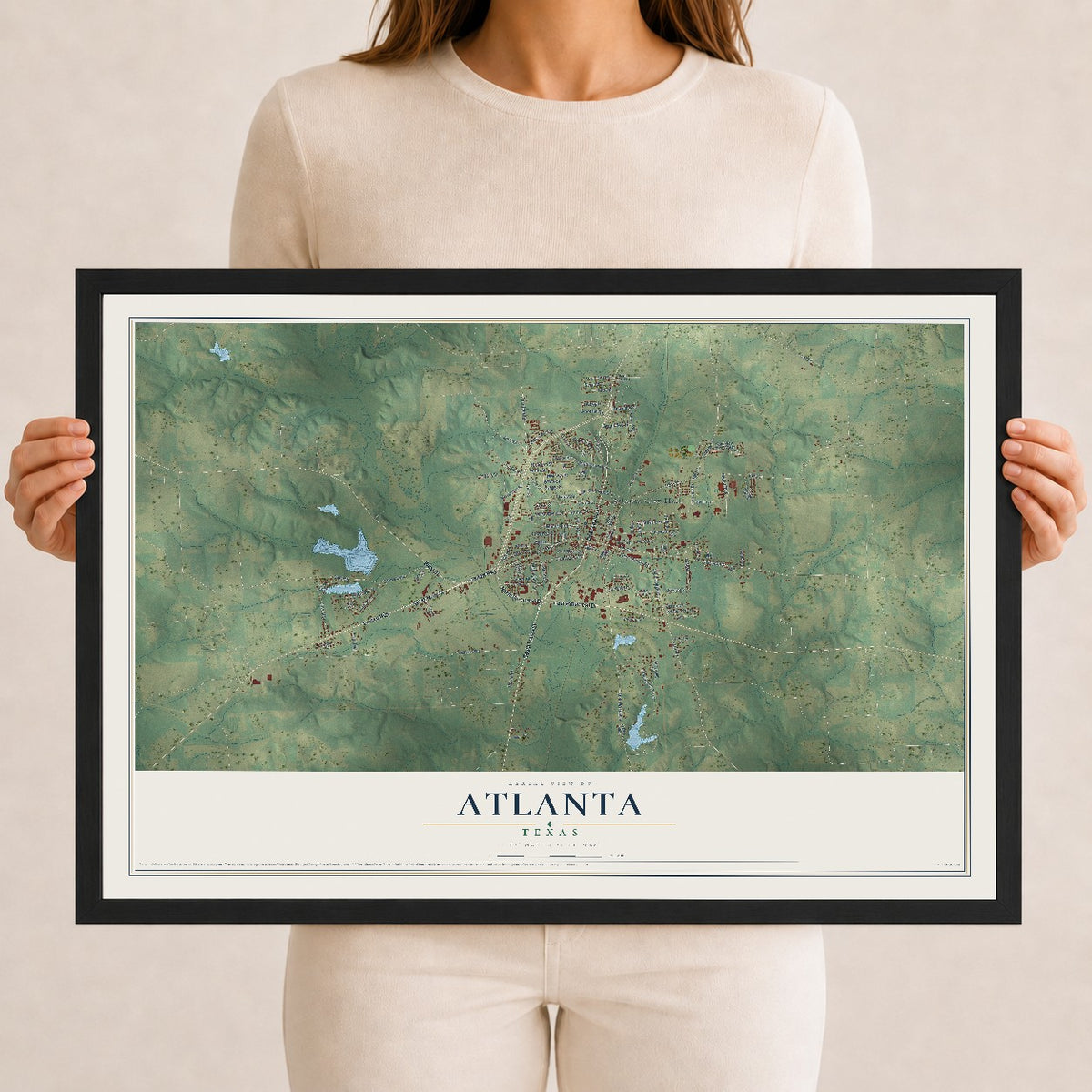 Map of Atlanta, Texas, 12 x 18 inch print in a black wood frame
