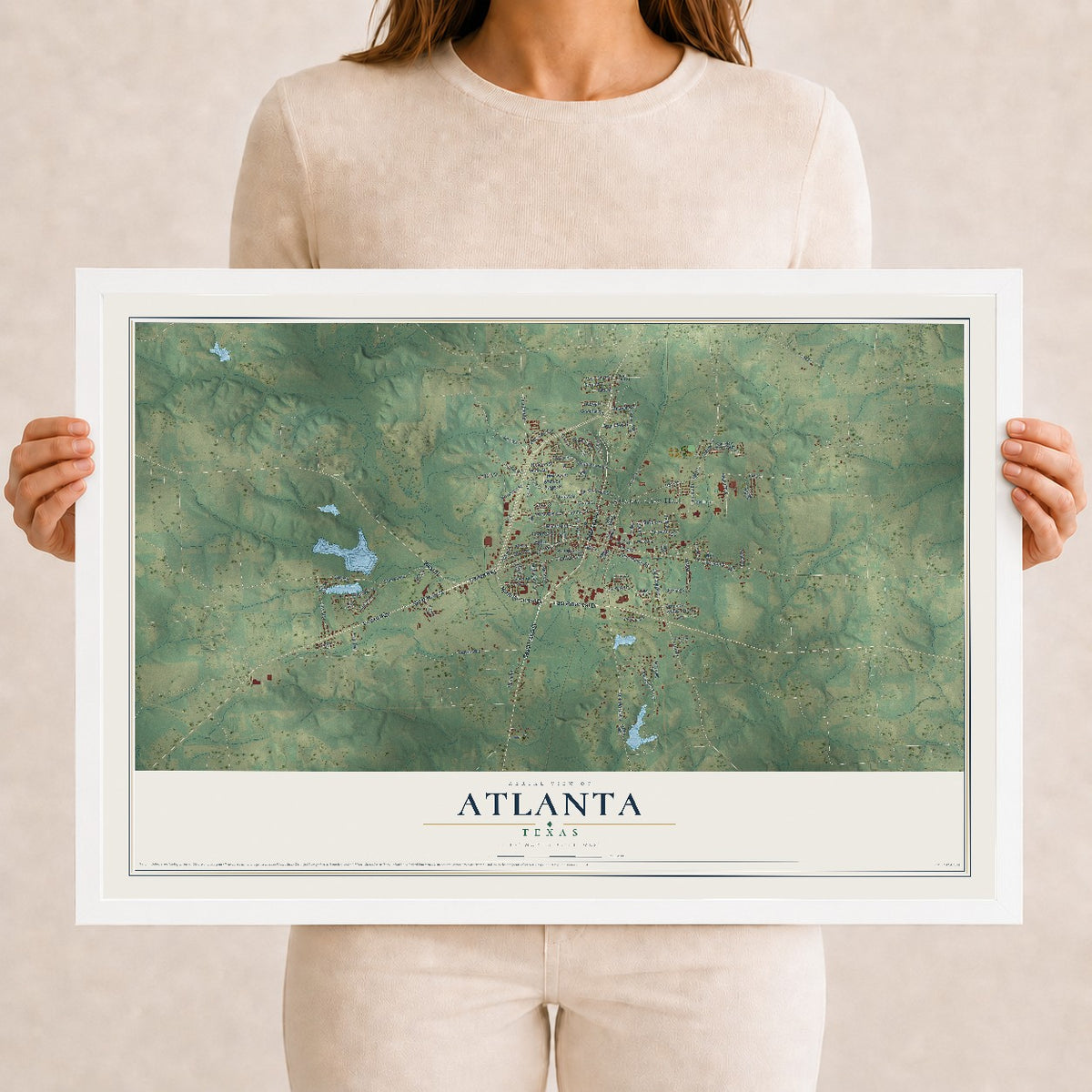 Map of Atlanta, Texas, 12 x 18 inch print in a white wood frame