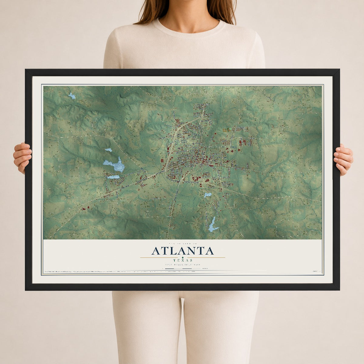 Map of Atlanta, Texas, 24 x 36 inch print in a black wood frame