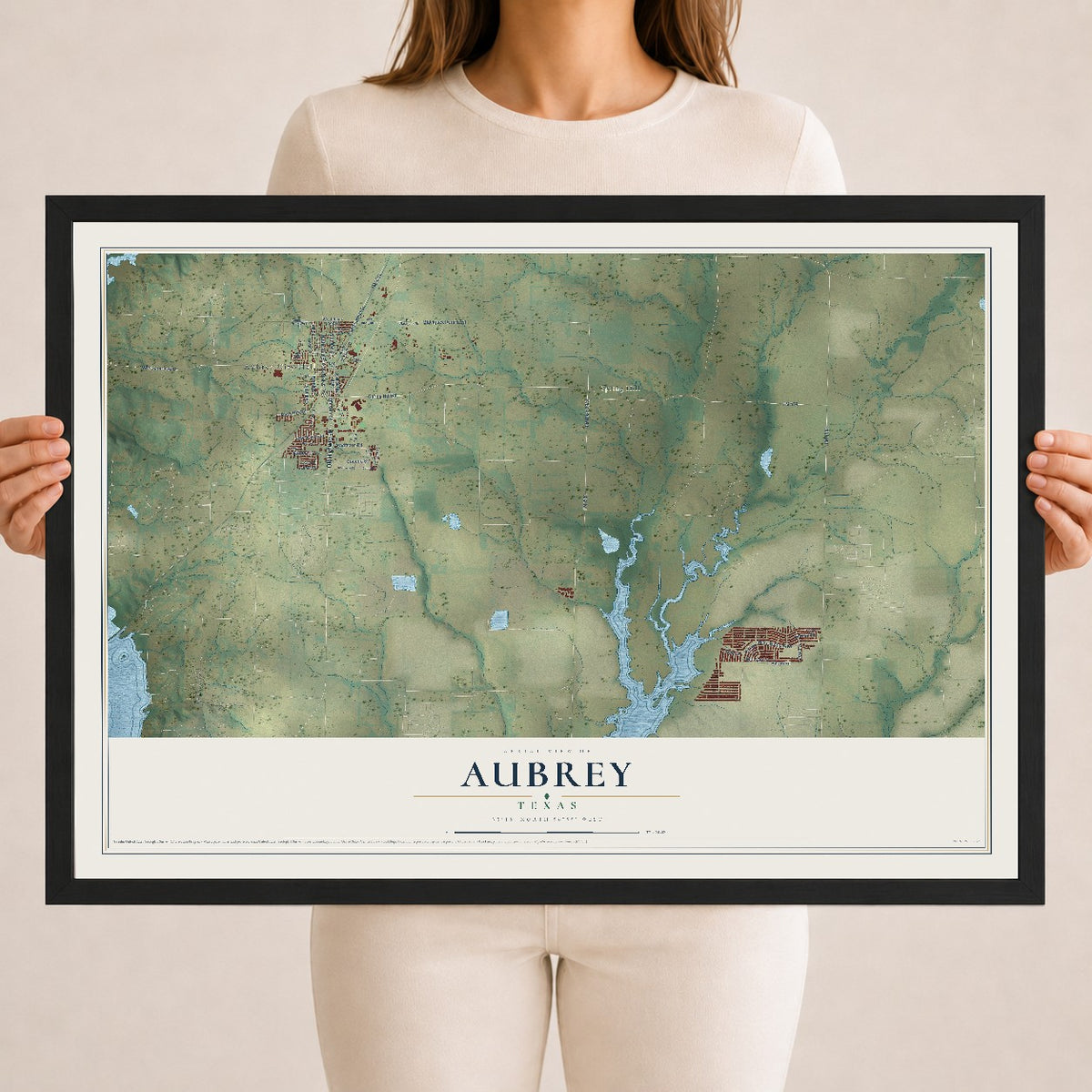 Map of Aubrey, Texas, 18 x 24 inch print in a black wood frame