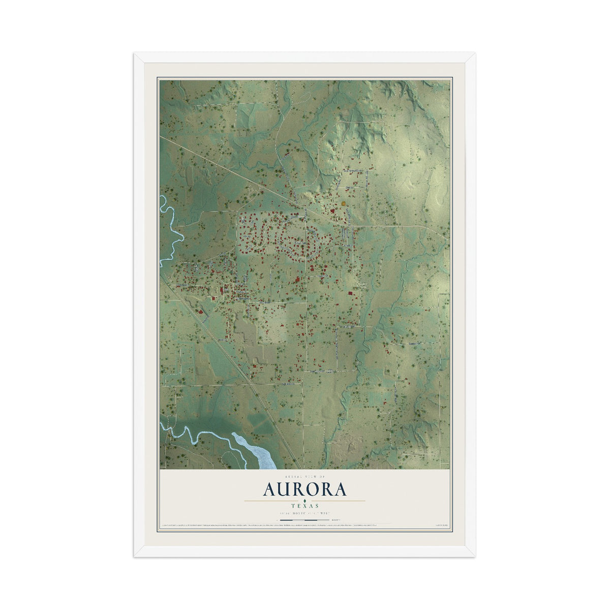 Map of Aurora, Texas, 12 x 18 inch print in a white wood frame