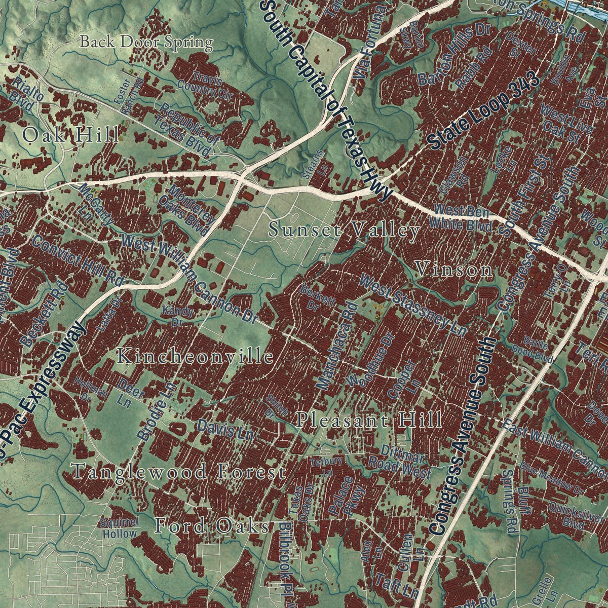 Second close-up of the map of Austin, Texas print showing more streets and buildings