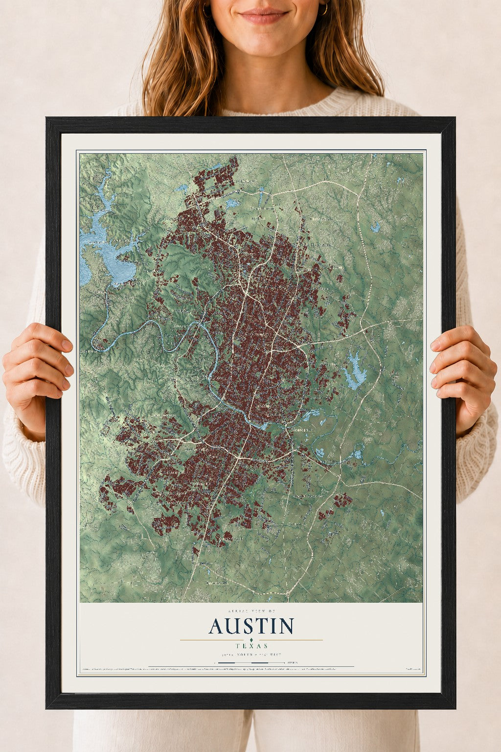 Map of Austin, Texas, 18 x 24 inch print in a black wood frame