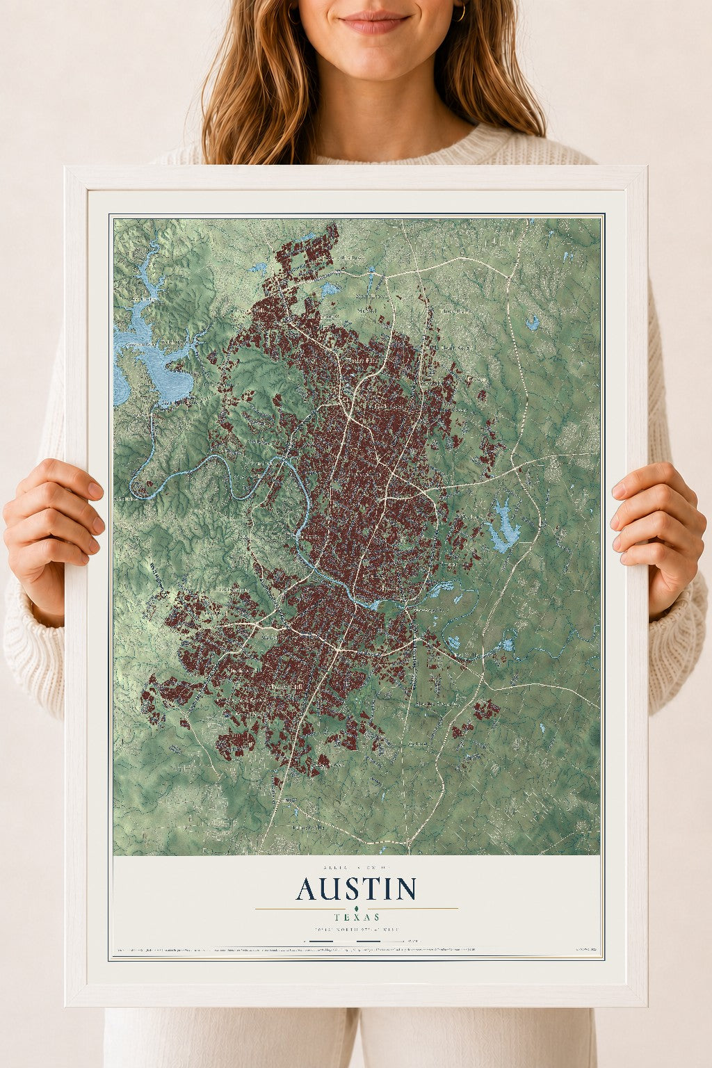 Map of Austin, Texas, 18 x 24 inch print in a white wood frame