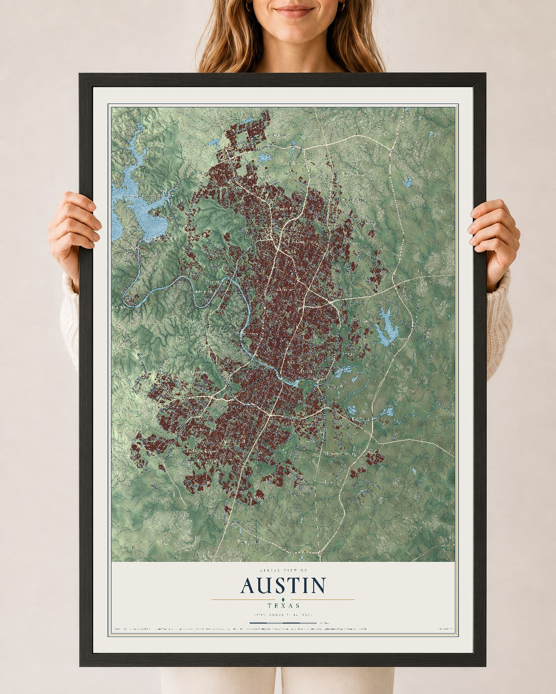 Map of Austin, Texas, 24 x 36 inch print in a black wood frame
