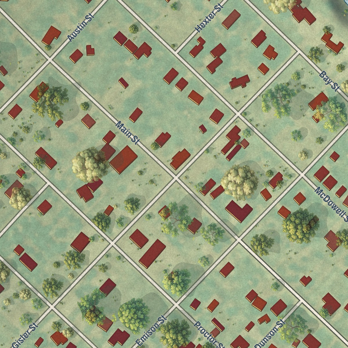 Close-up of the map of Austwell, Texas print showing street and building detail