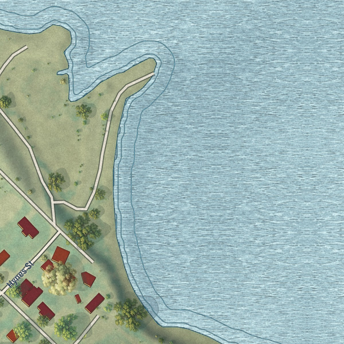 Second close-up of the map of Austwell, Texas print showing more streets and buildings