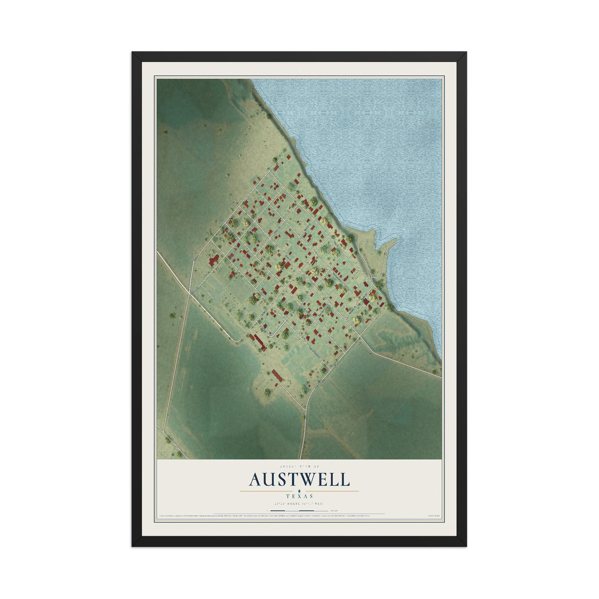 Map of Austwell, Texas, 12 x 18 inch print in a black wood frame