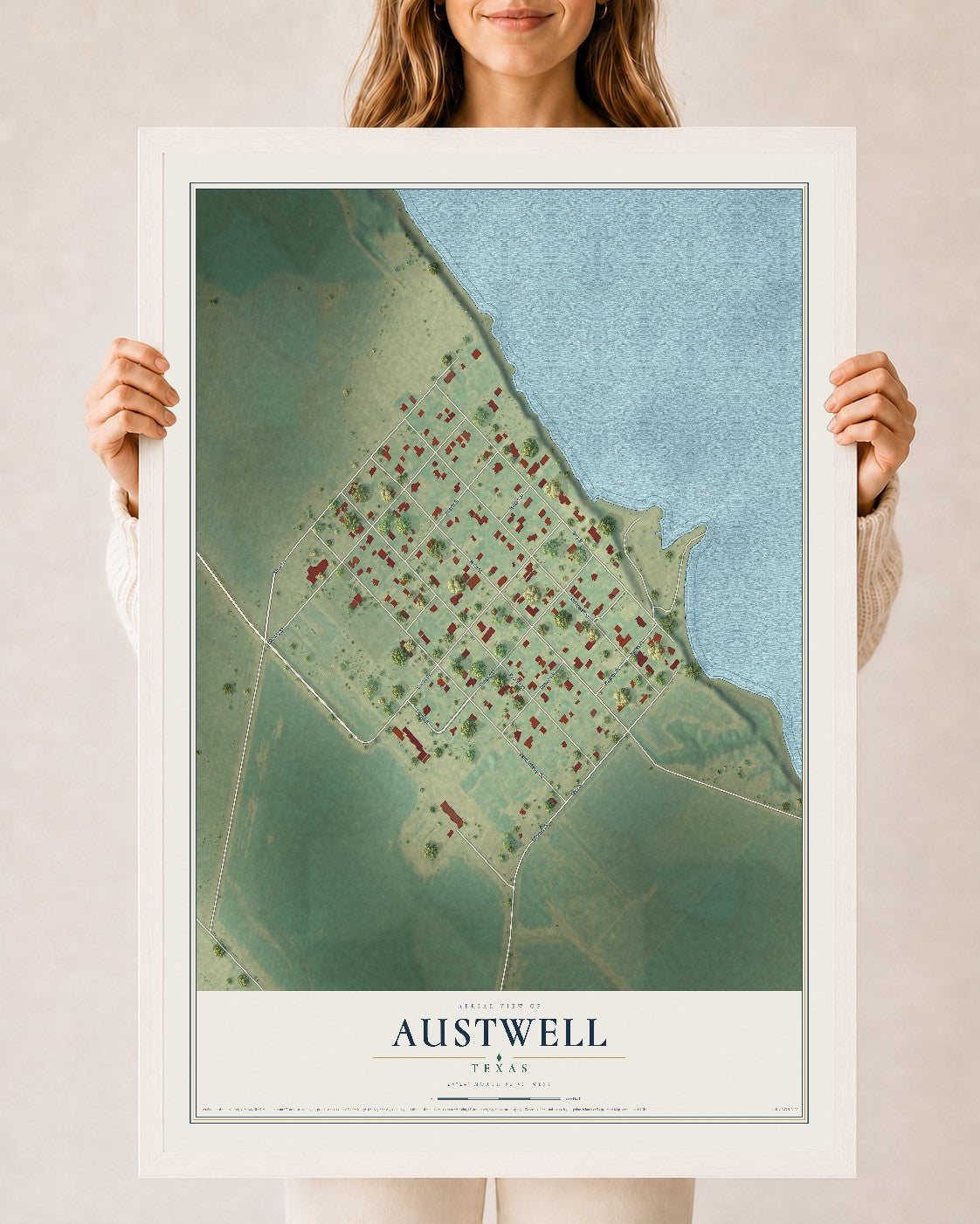 Map of Austwell, Texas, 24 x 36 inch print in a white wood frame