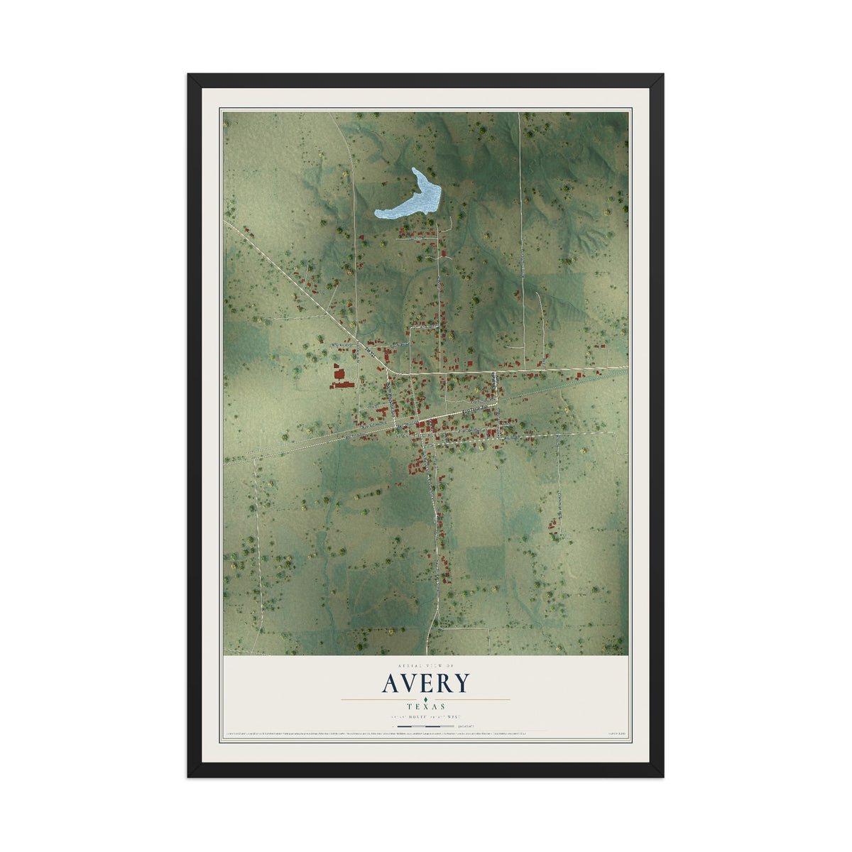 Map of Avery, Texas, 12 x 18 inch print in a black wood frame