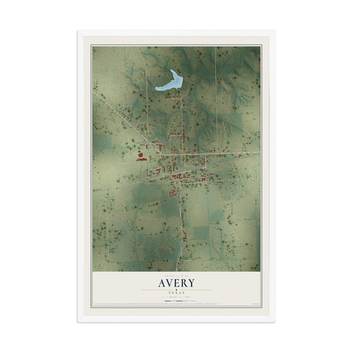 Map of Avery, Texas, 12 x 18 inch print in a white wood frame
