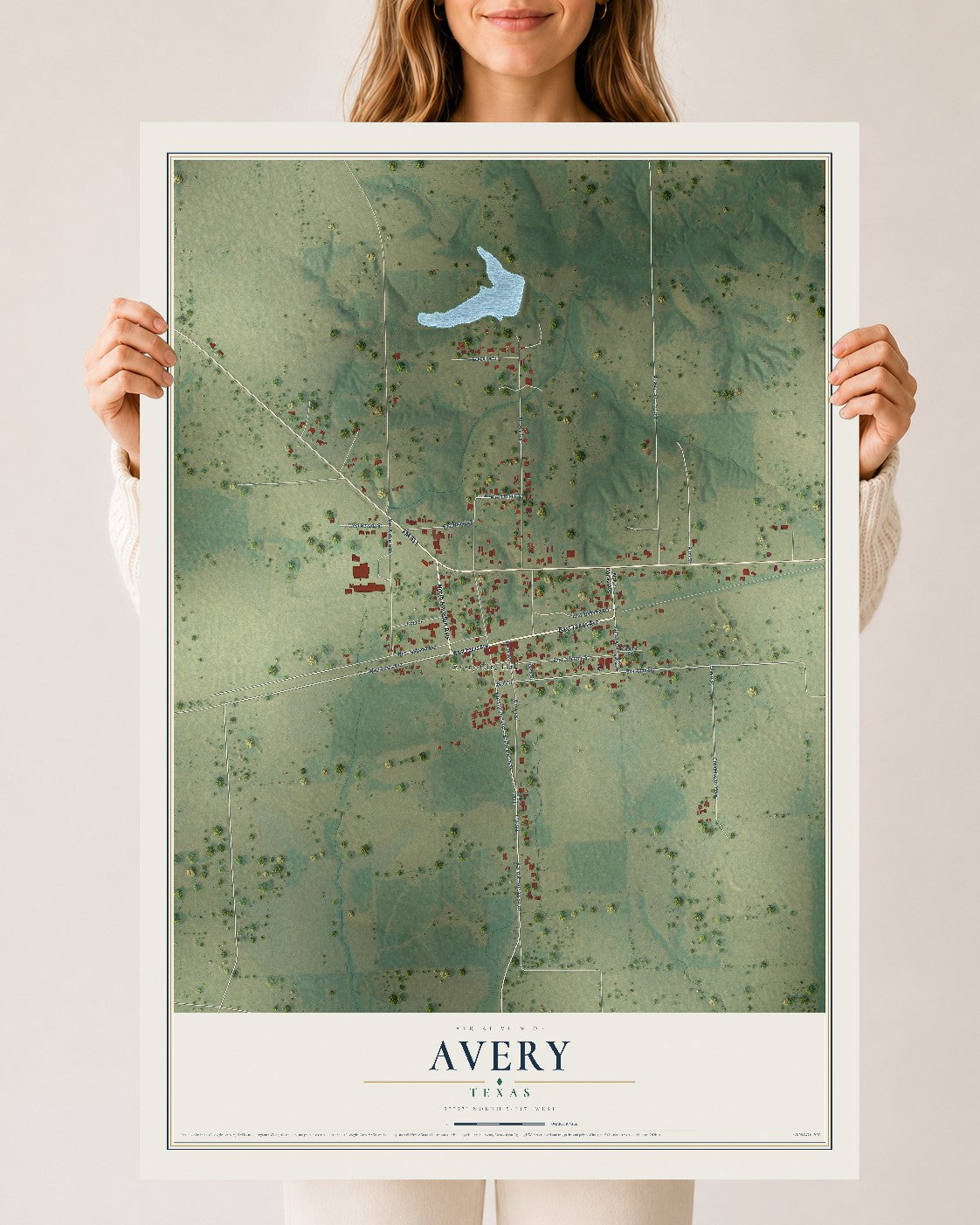 Map of Avery, Texas, 24 x 36 inch unframed archival matte print