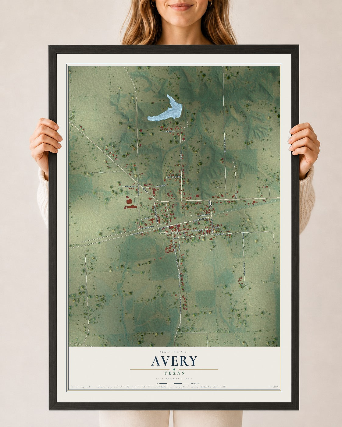 Map of Avery, Texas, 24 x 36 inch print in a black wood frame