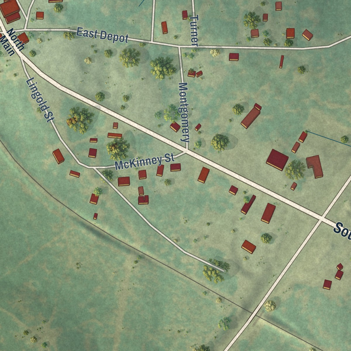 Second close-up of the map of Avinger, Texas print showing more streets and buildings