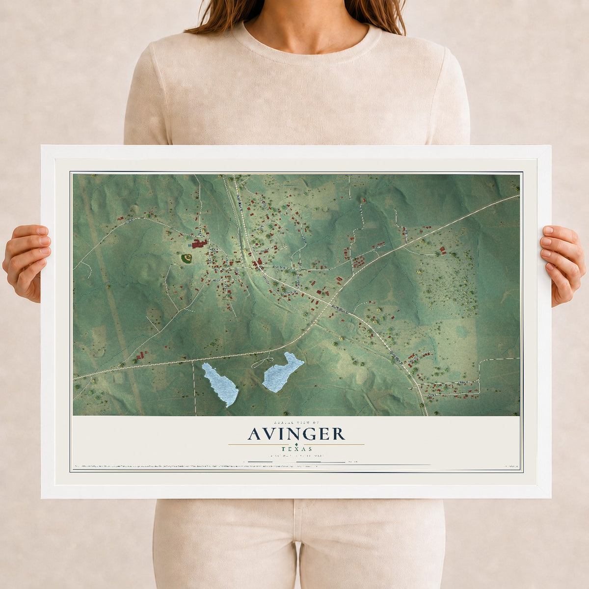 Map of Avinger, Texas, 12 x 18 inch print in a white wood frame