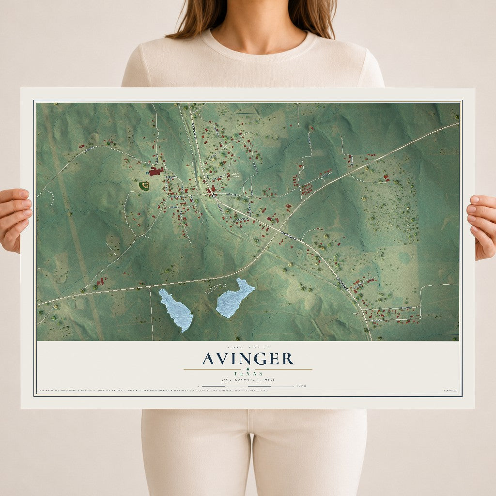 Map of Avinger, Texas, 18 x 24 inch unframed archival matte print