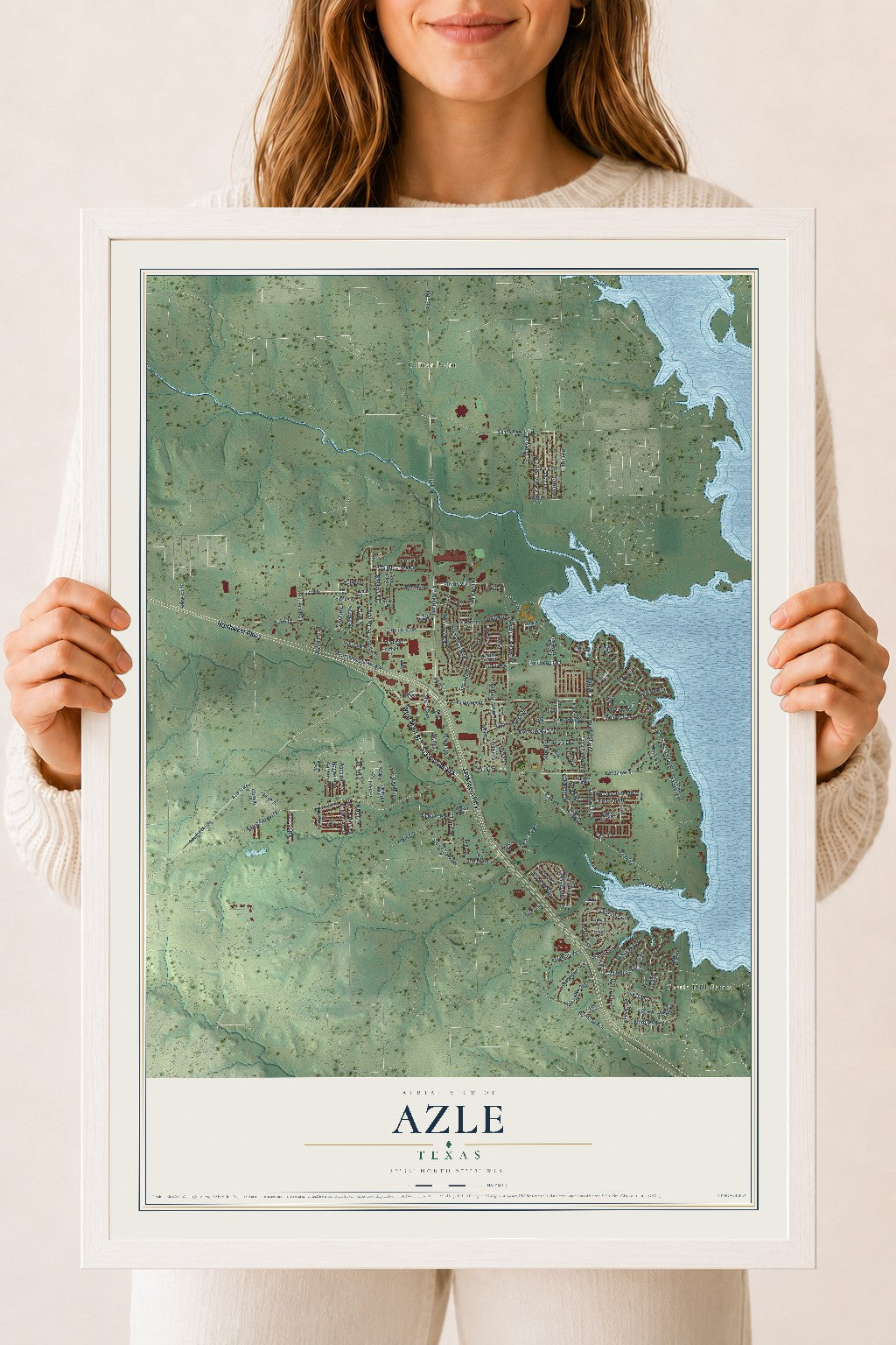 Map of Azle, Texas, 18 x 24 inch print in a white wood frame