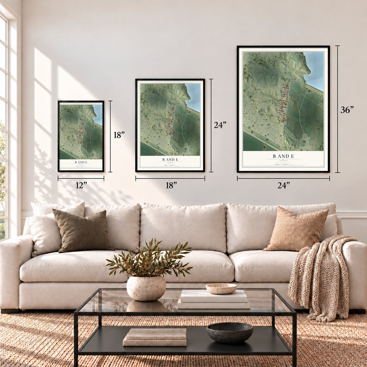 B and E, Texas map in 12 x 18, 18 x 24 and 24 x 36 inch sizes above a sofa