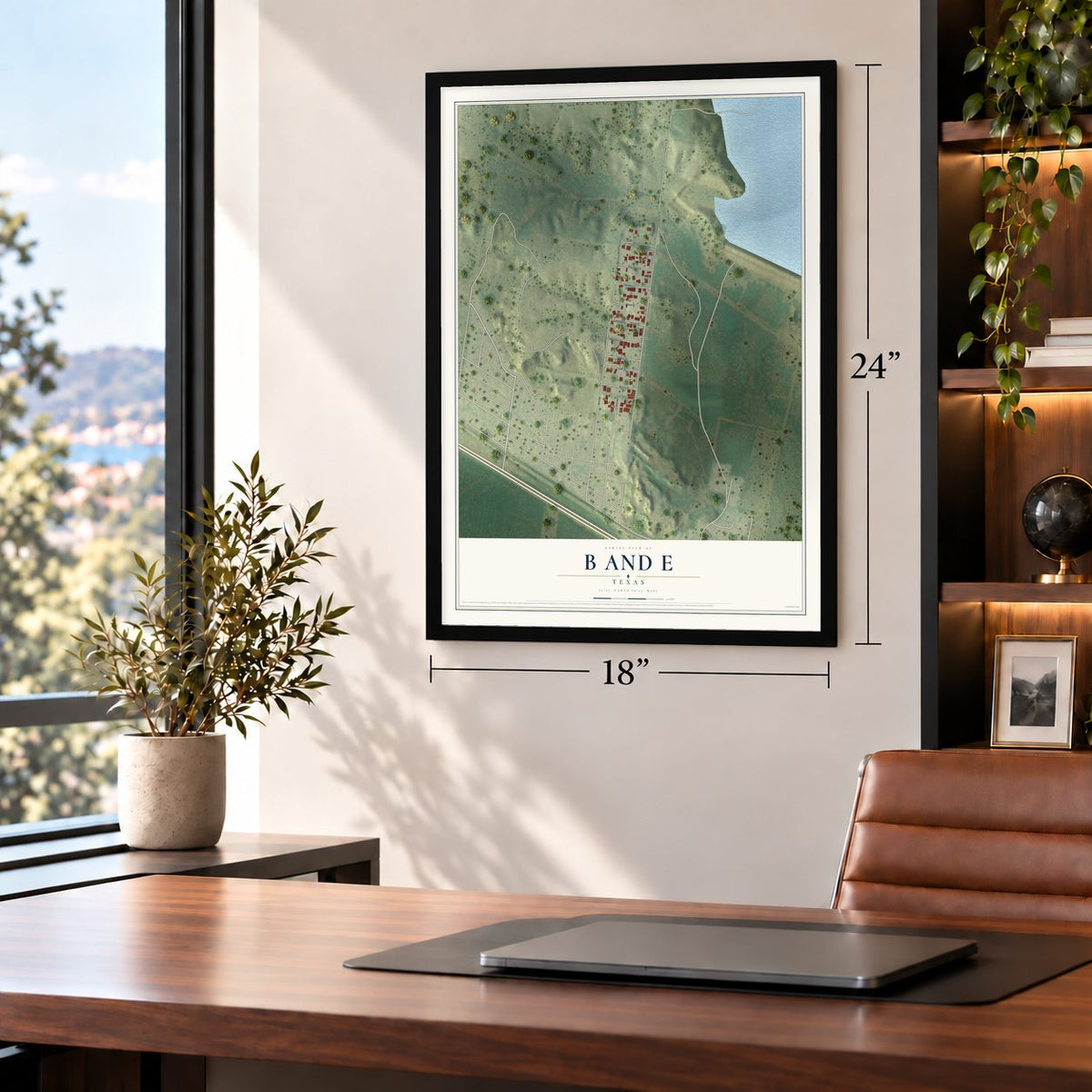 B and E, Texas map, 18 x 24 inch print in a black frame in a home office