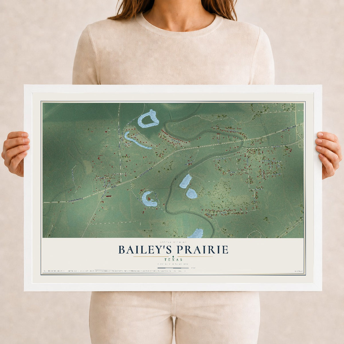 Map of Bailey's Prairie, Texas, 12 x 18 inch print in a white wood frame