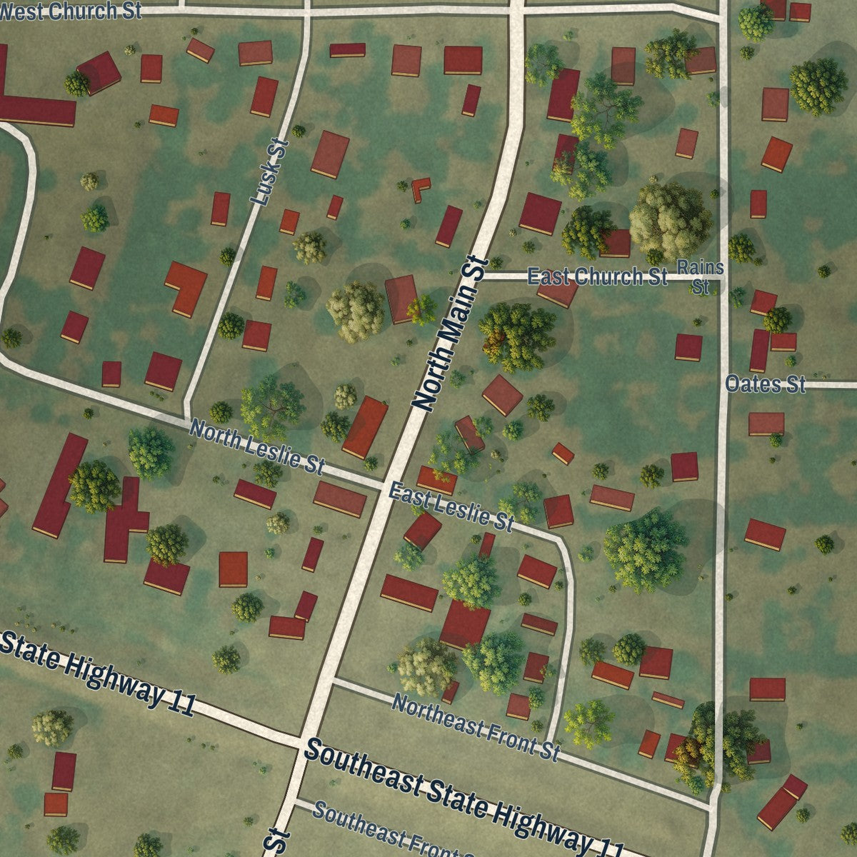 Close-up of the map of Bailey, Texas print showing street and building detail