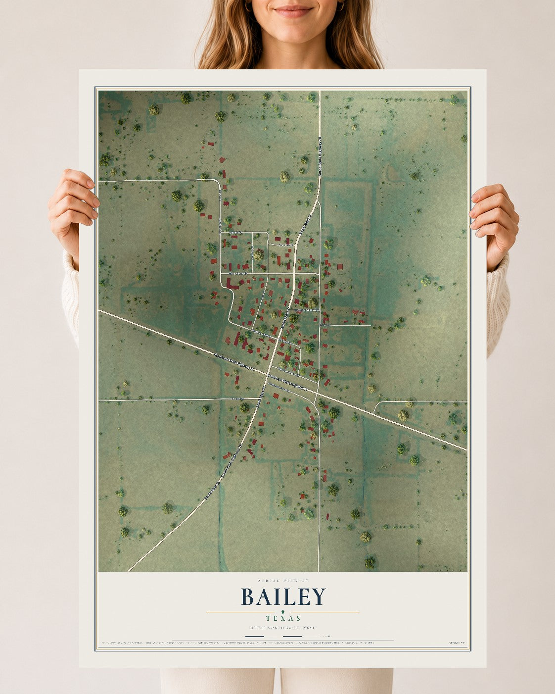 Map of Bailey, Texas, 24 x 36 inch unframed archival matte print
