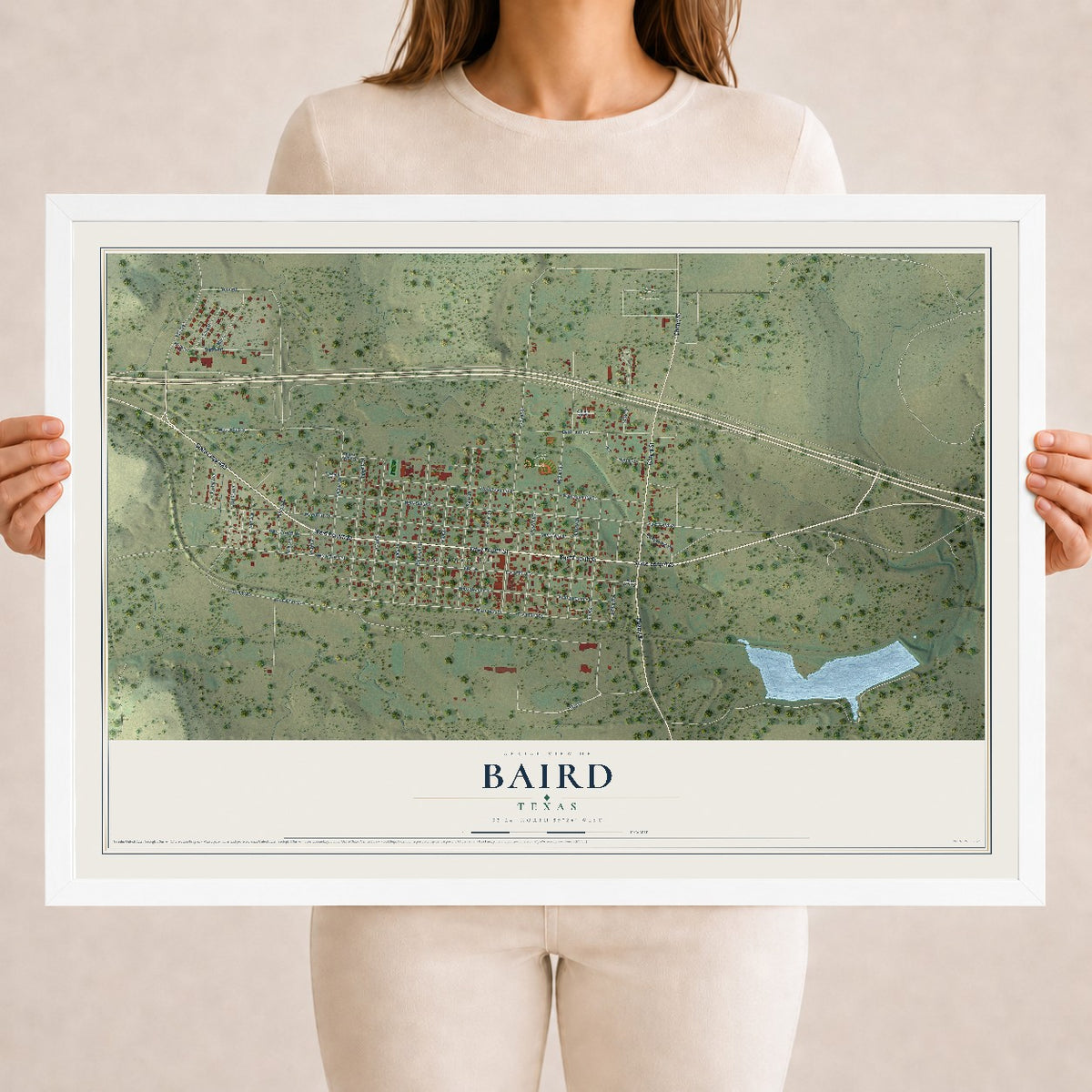 Map of Baird, Texas, 18 x 24 inch print in a white wood frame