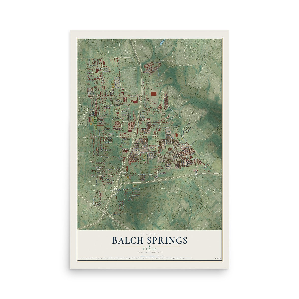 Map of Balch Springs, Texas, 12 x 18 inch unframed archival matte print