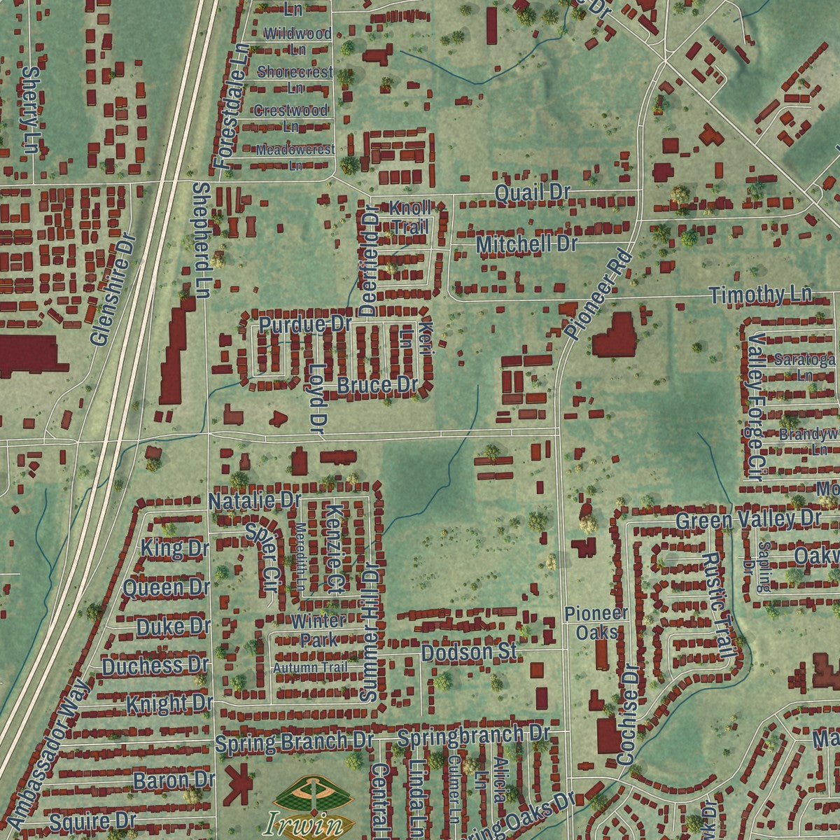 Close-up of the map of Balch Springs, Texas print showing street and building detail
