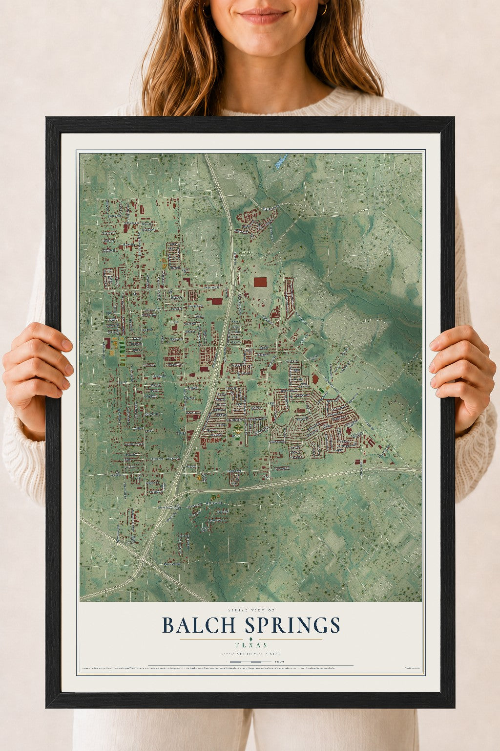 Map of Balch Springs, Texas, 18 x 24 inch print in a black wood frame