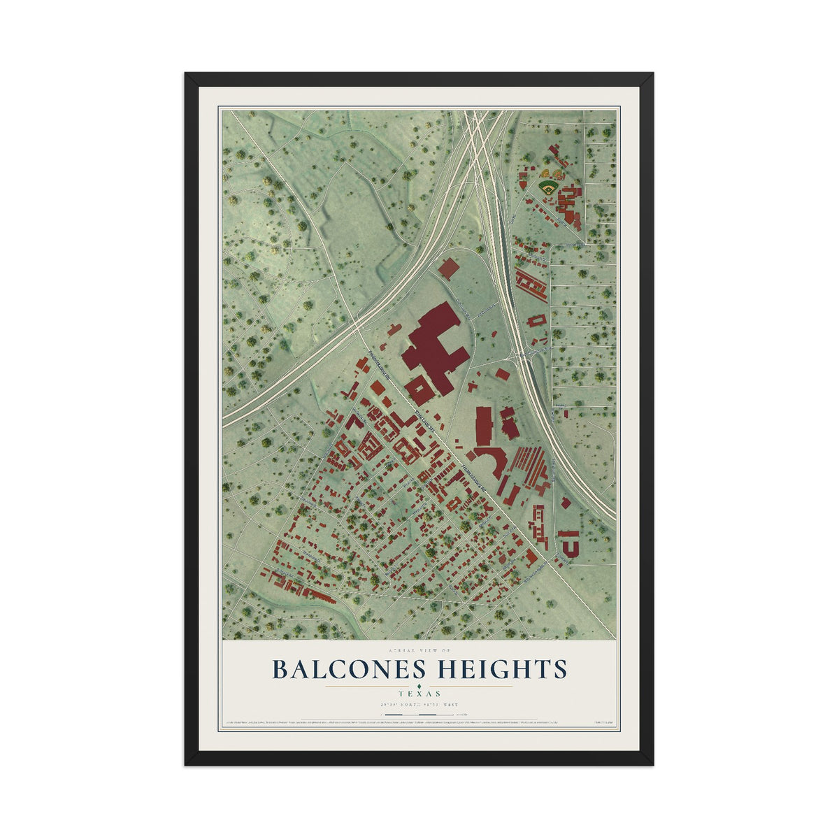 Map of Balcones Heights, Texas, 12 x 18 inch print in a black wood frame