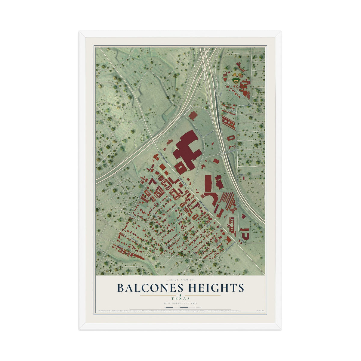 Map of Balcones Heights, Texas, 12 x 18 inch print in a white wood frame