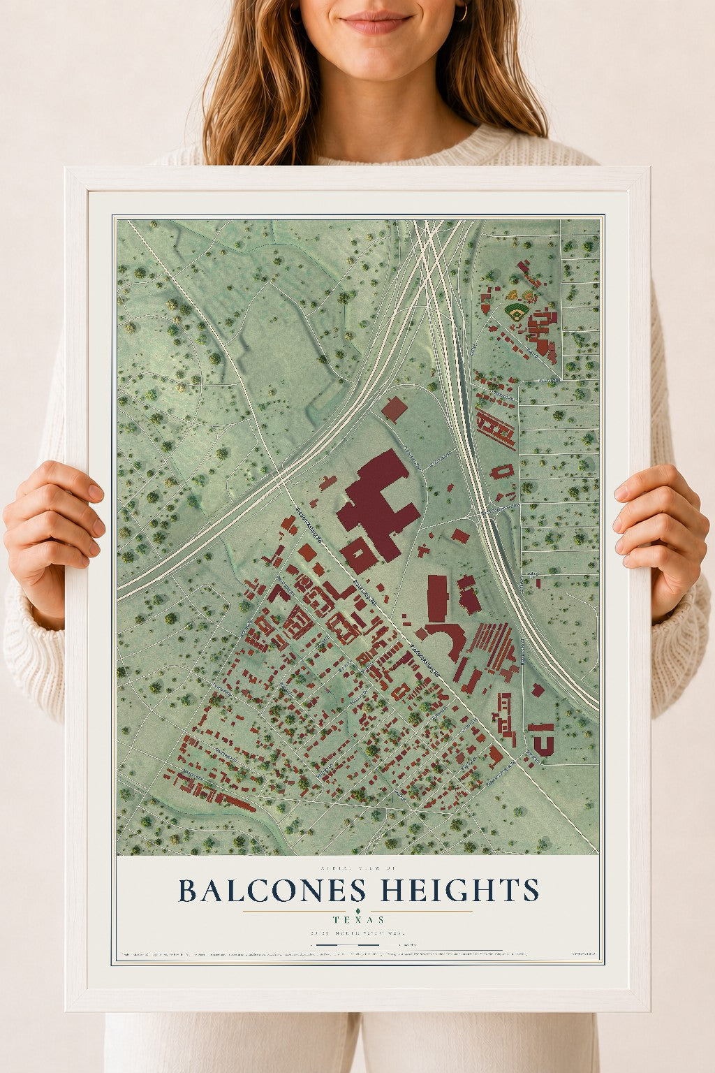 Map of Balcones Heights, Texas, 18 x 24 inch print in a white wood frame