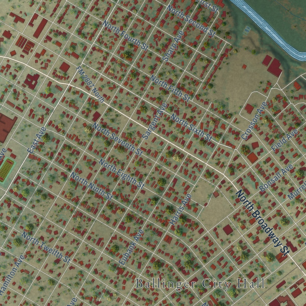 Close-up of the map of Ballinger, Texas print showing street and building detail