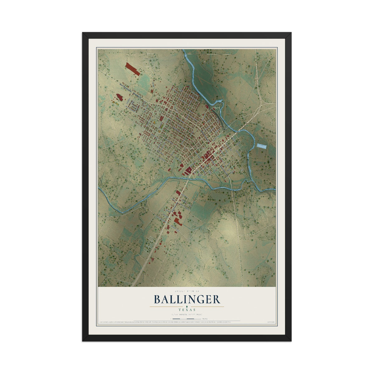 Map of Ballinger, Texas, 12 x 18 inch print in a black wood frame