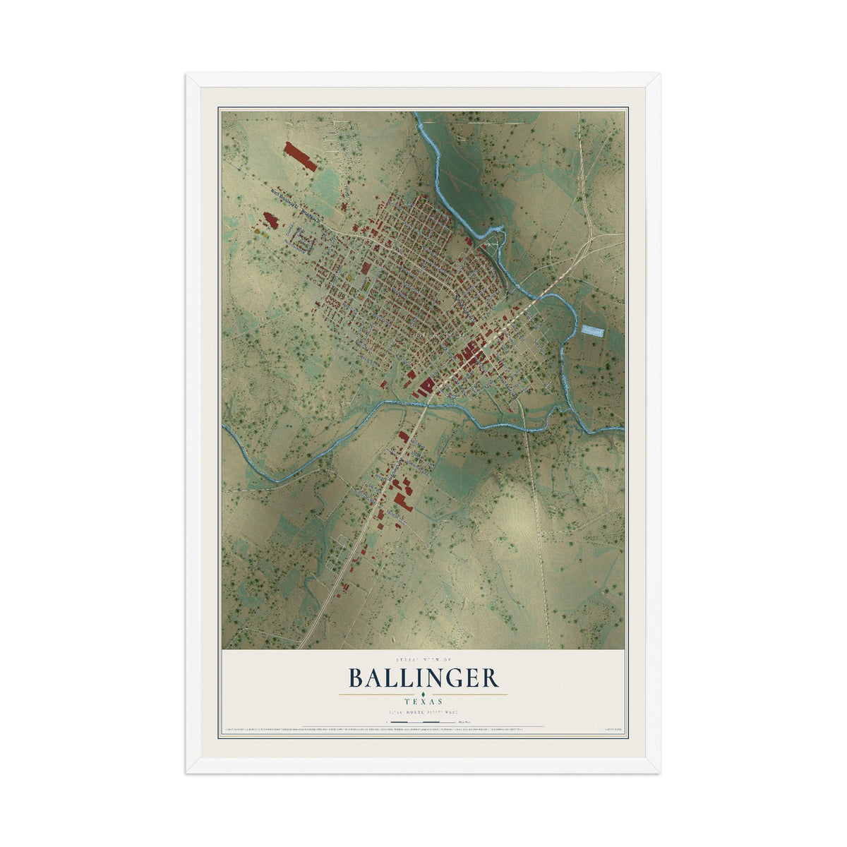 Map of Ballinger, Texas, 12 x 18 inch print in a white wood frame