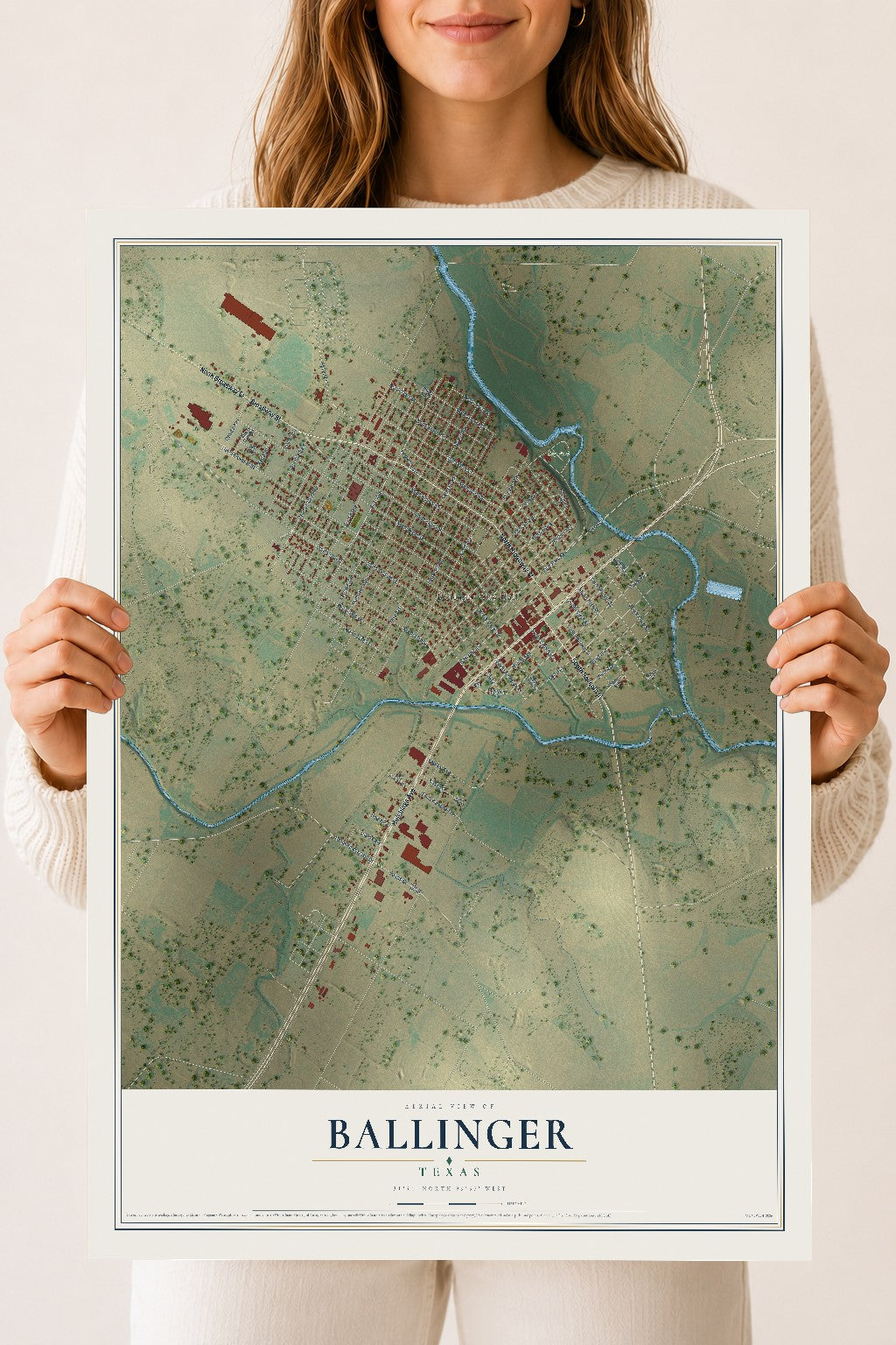 Map of Ballinger, Texas, 18 x 24 inch unframed archival matte print