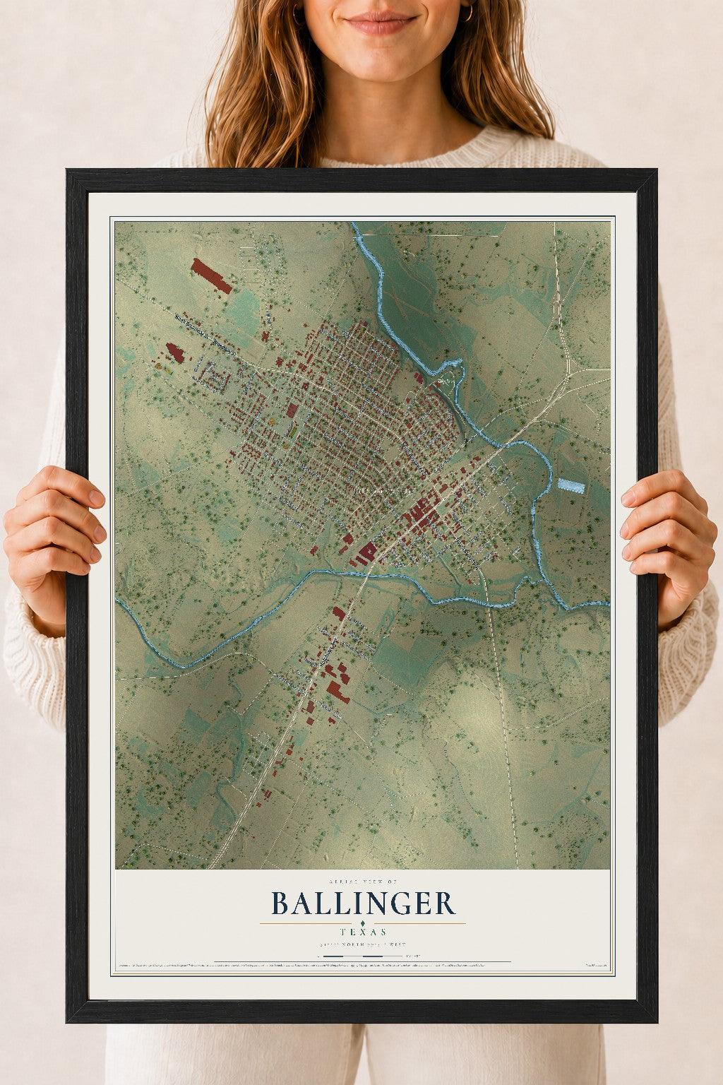 Map of Ballinger, Texas, 18 x 24 inch print in a black wood frame