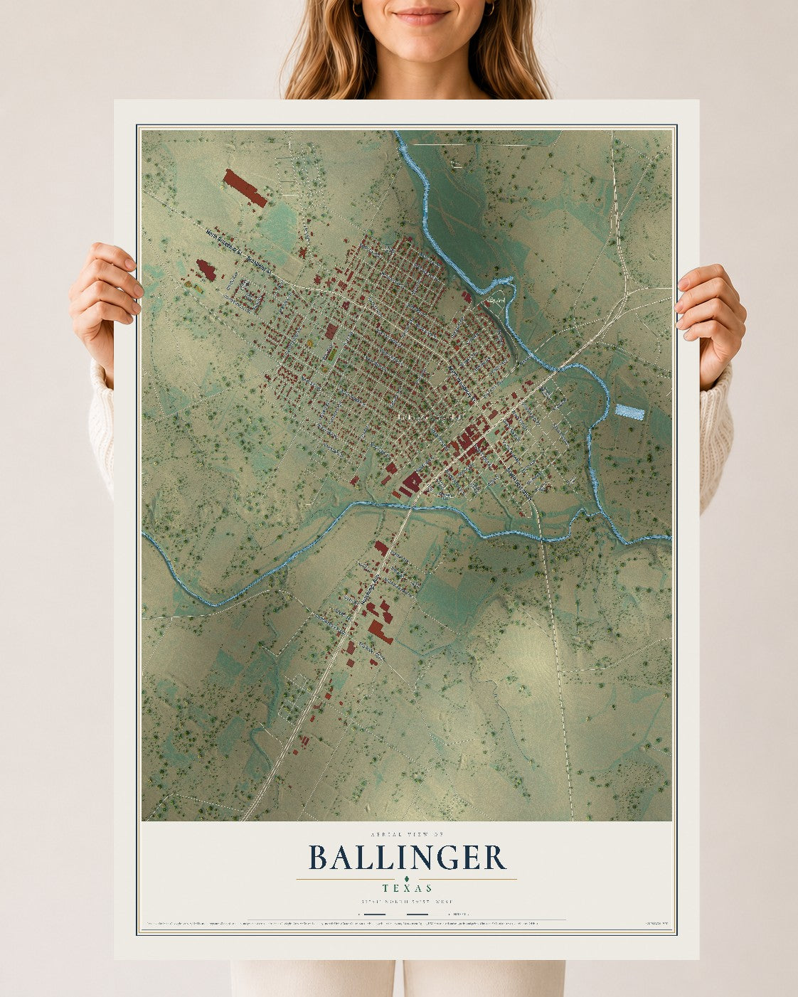 Map of Ballinger, Texas, 24 x 36 inch unframed archival matte print