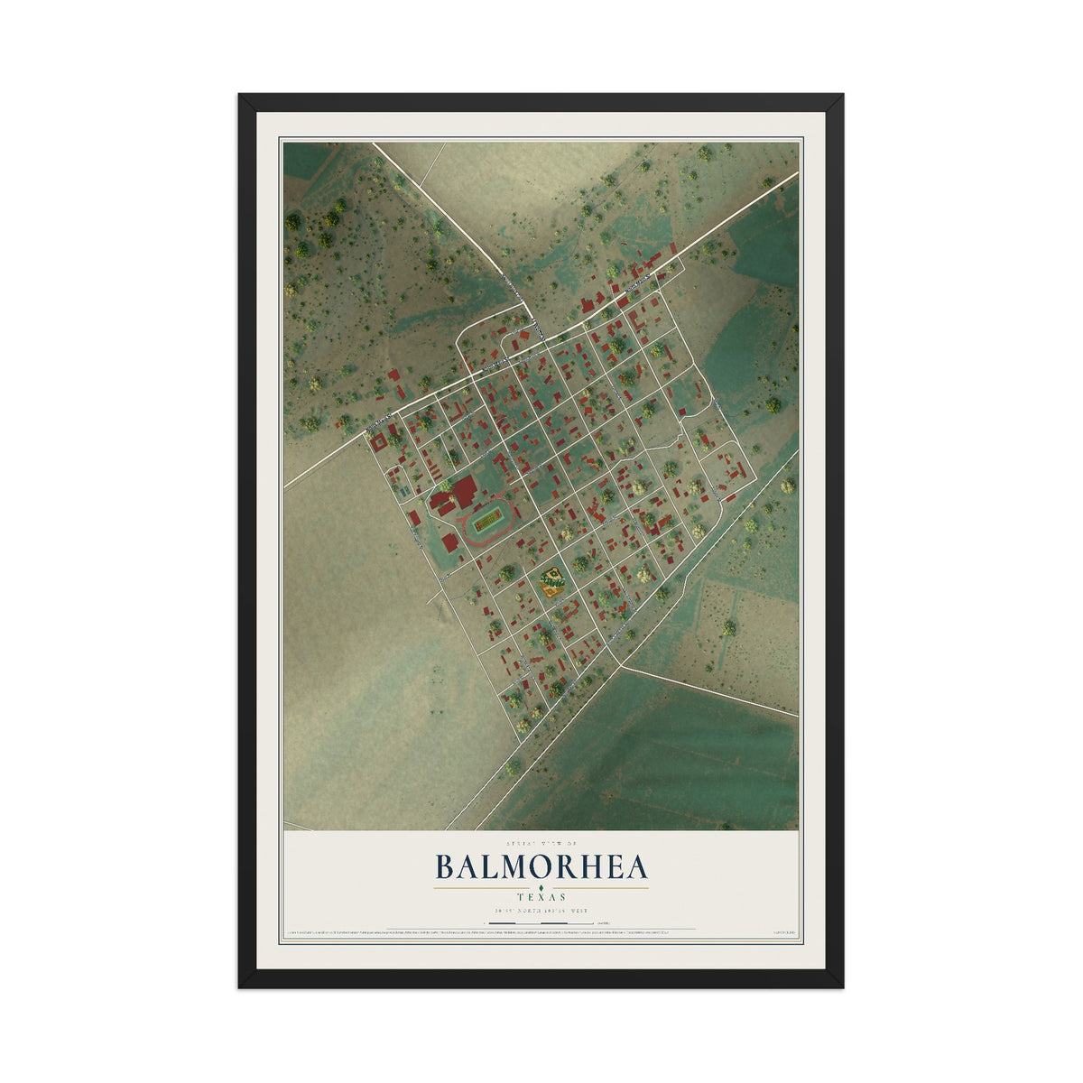 Map of Balmorhea, Texas, 12 x 18 inch print in a black wood frame