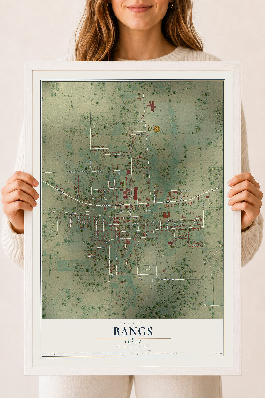 Map of Bangs, Texas, 18 x 24 inch print in a white wood frame