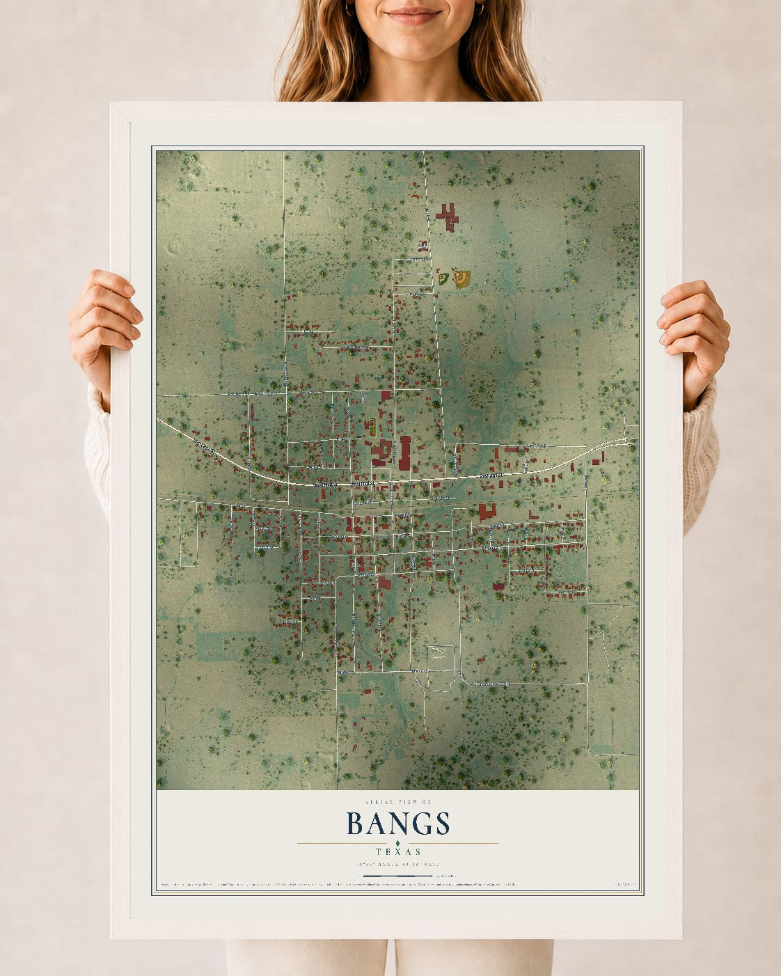 Map of Bangs, Texas, 24 x 36 inch print in a white wood frame