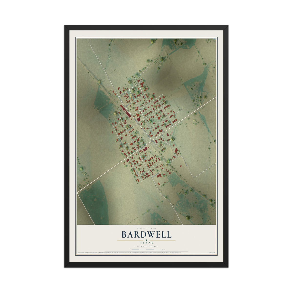 Map of Bardwell, Texas, 12 x 18 inch print in a black wood frame