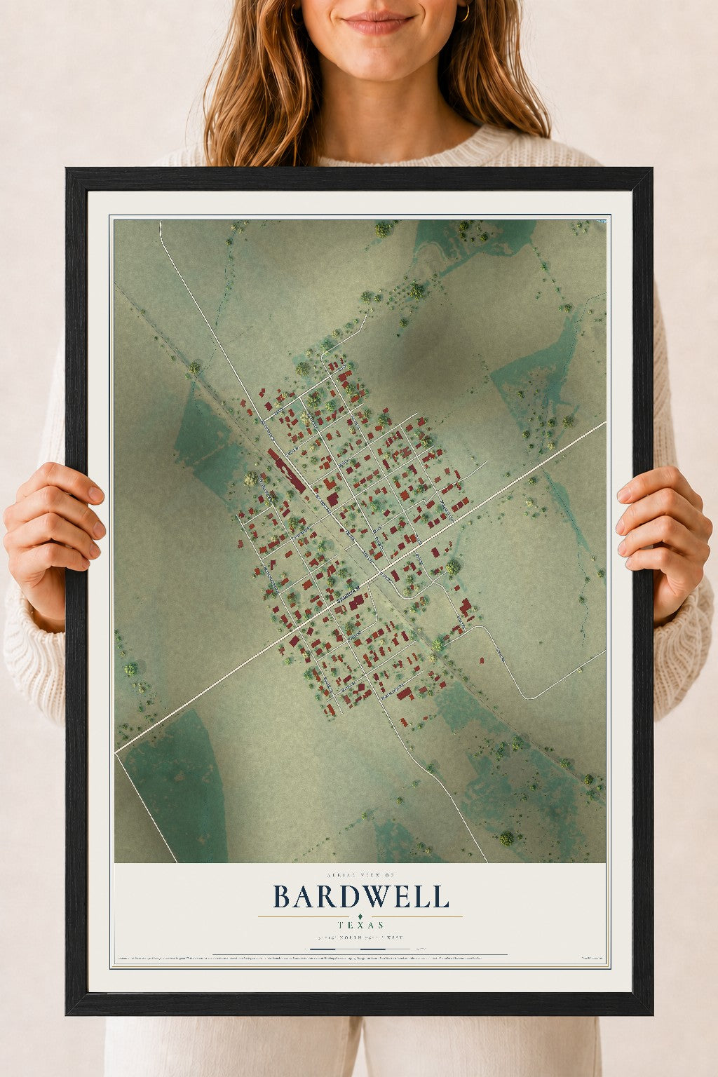 Map of Bardwell, Texas, 18 x 24 inch print in a black wood frame