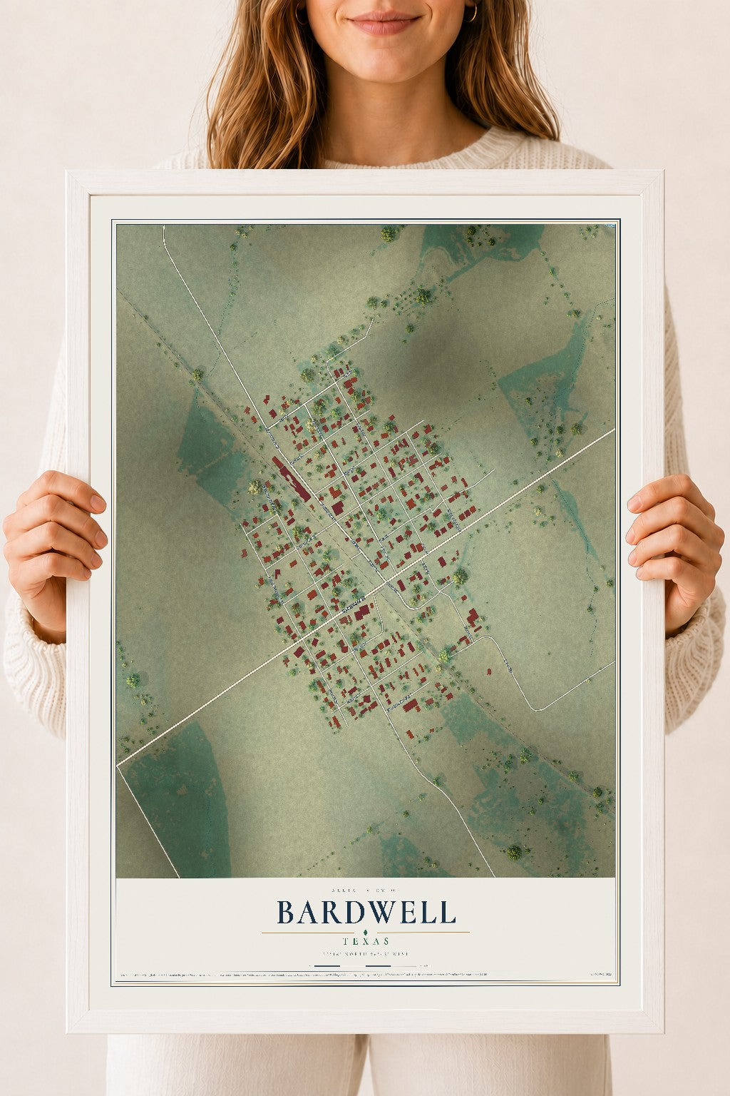Map of Bardwell, Texas, 18 x 24 inch print in a white wood frame