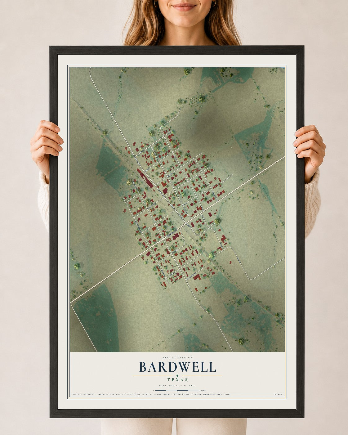 Map of Bardwell, Texas, 24 x 36 inch print in a black wood frame