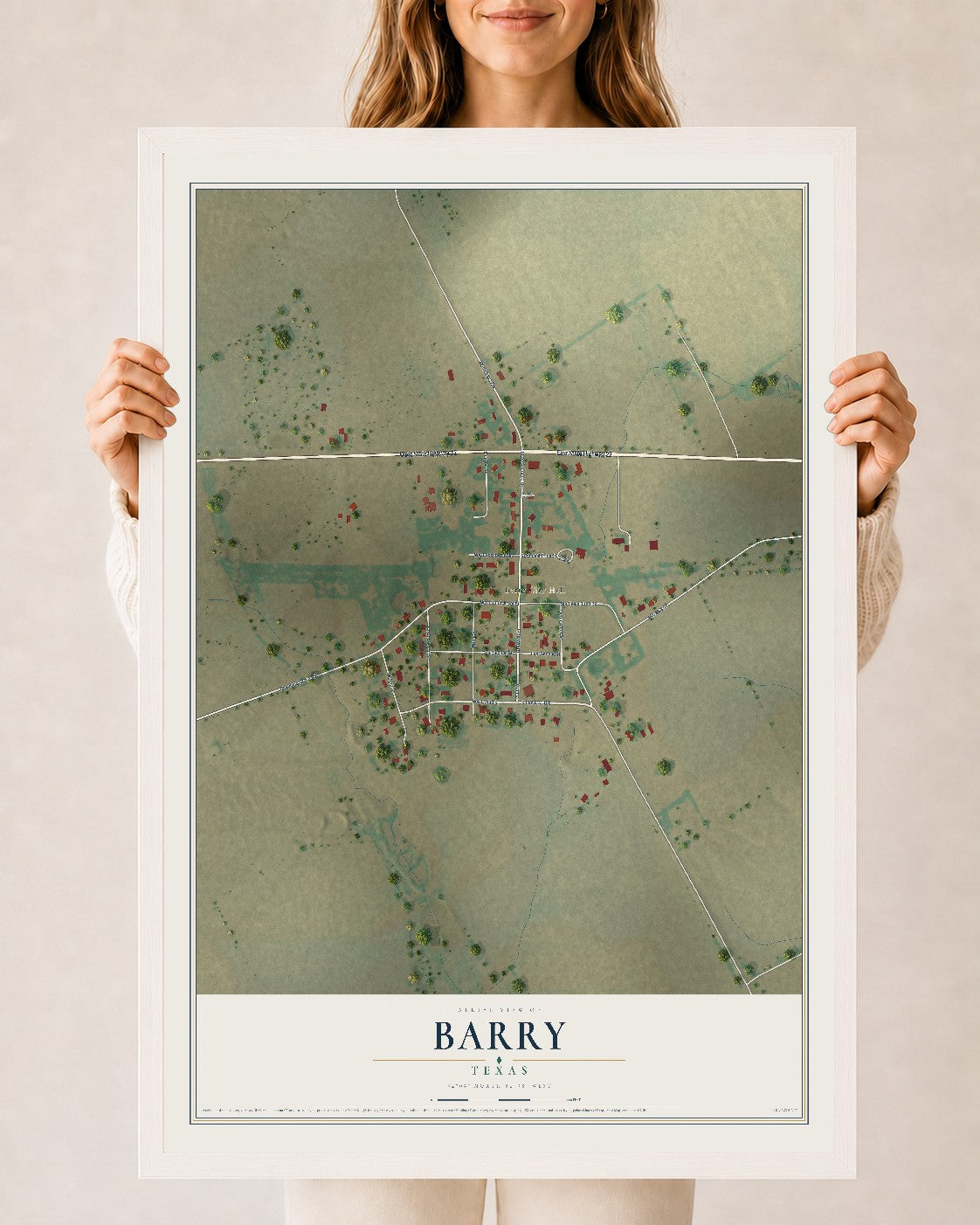 Map of Barry, Texas, 24 x 36 inch print in a white wood frame