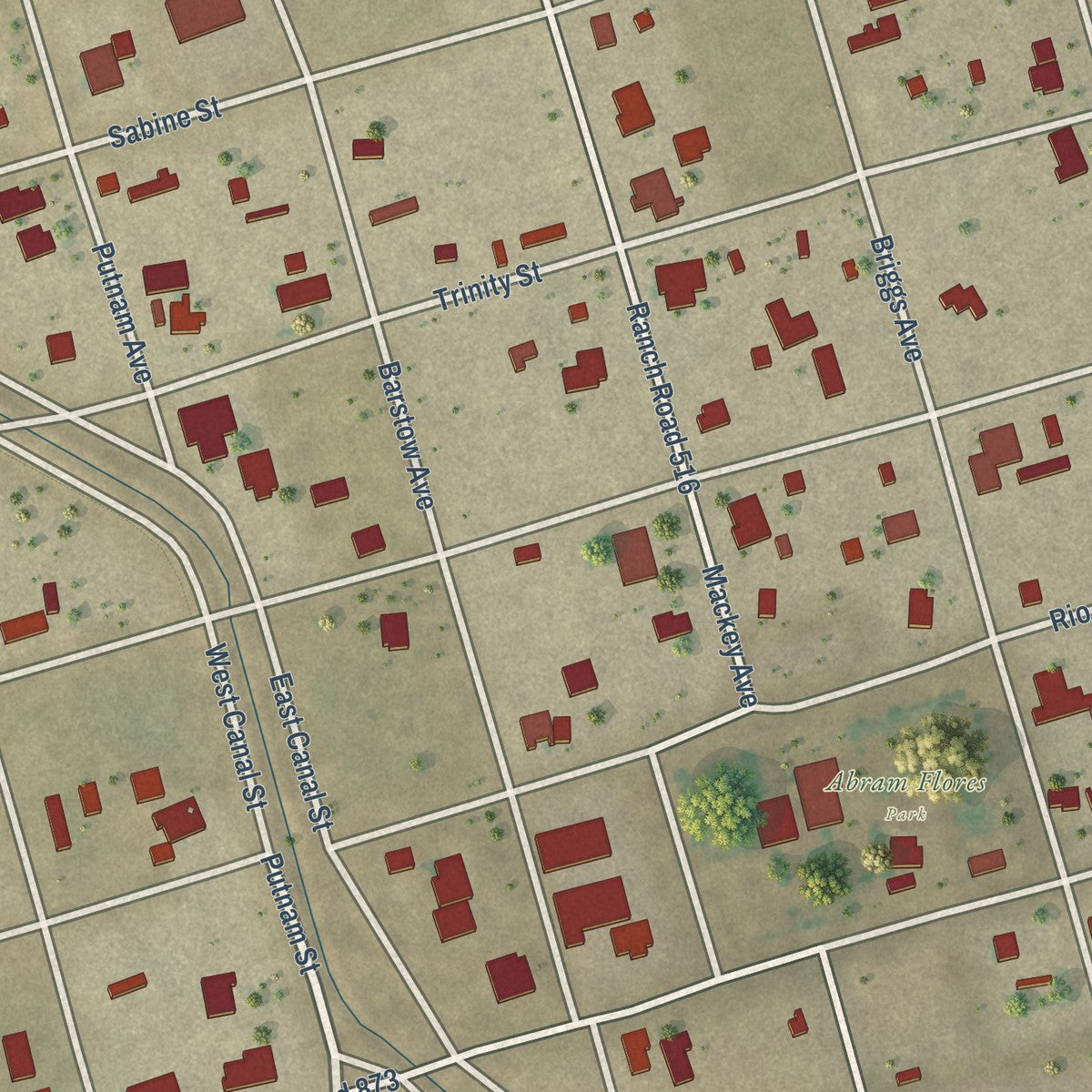 Close-up of the map of Barstow, Texas print showing street and building detail