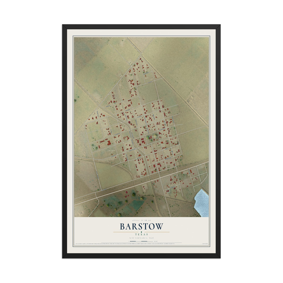 Map of Barstow, Texas, 12 x 18 inch print in a black wood frame