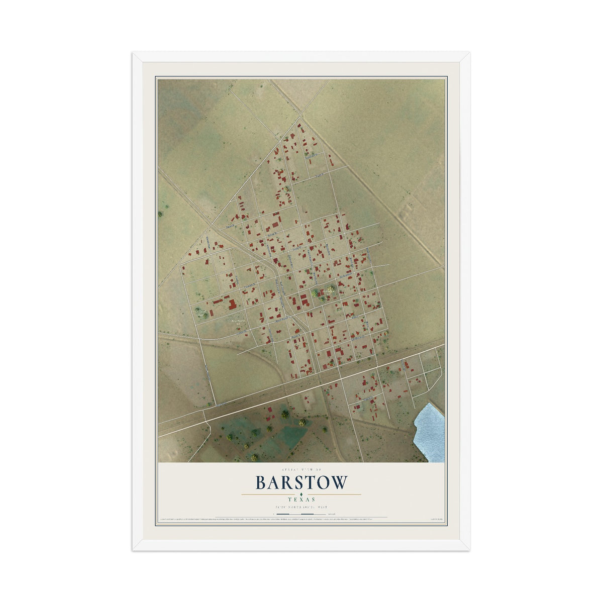 Map of Barstow, Texas, 12 x 18 inch print in a white wood frame